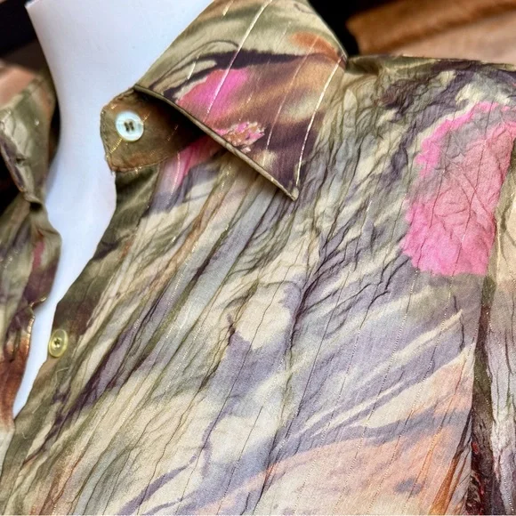 Lise P Paris Sheer Crinkle Button Front Blouse T3 Olive Floral Metallic - Picture 4 of 7